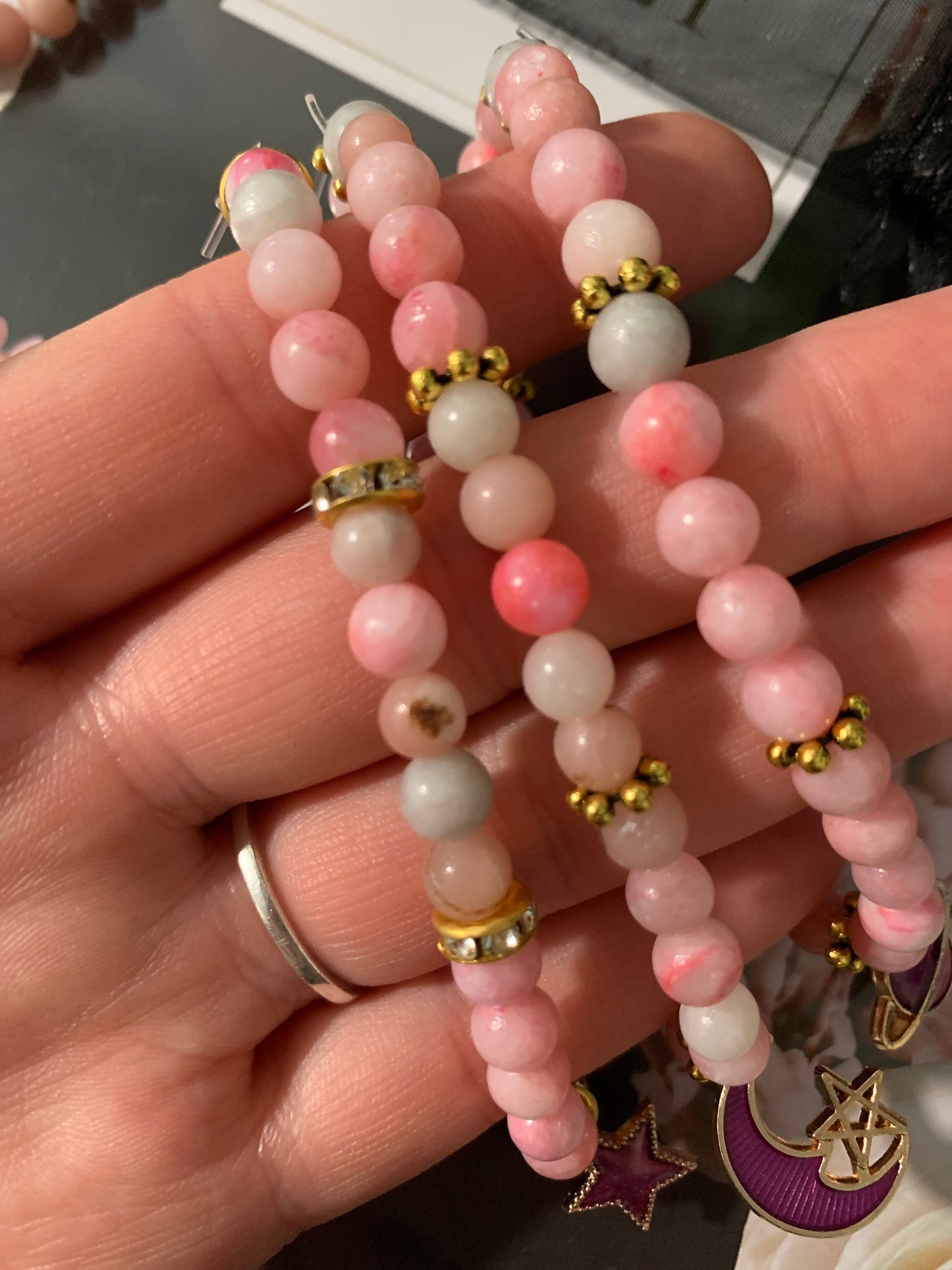 Pink Tourmaline/Quartz Crystal Beads with Tibetan Gold Accent Bracelet