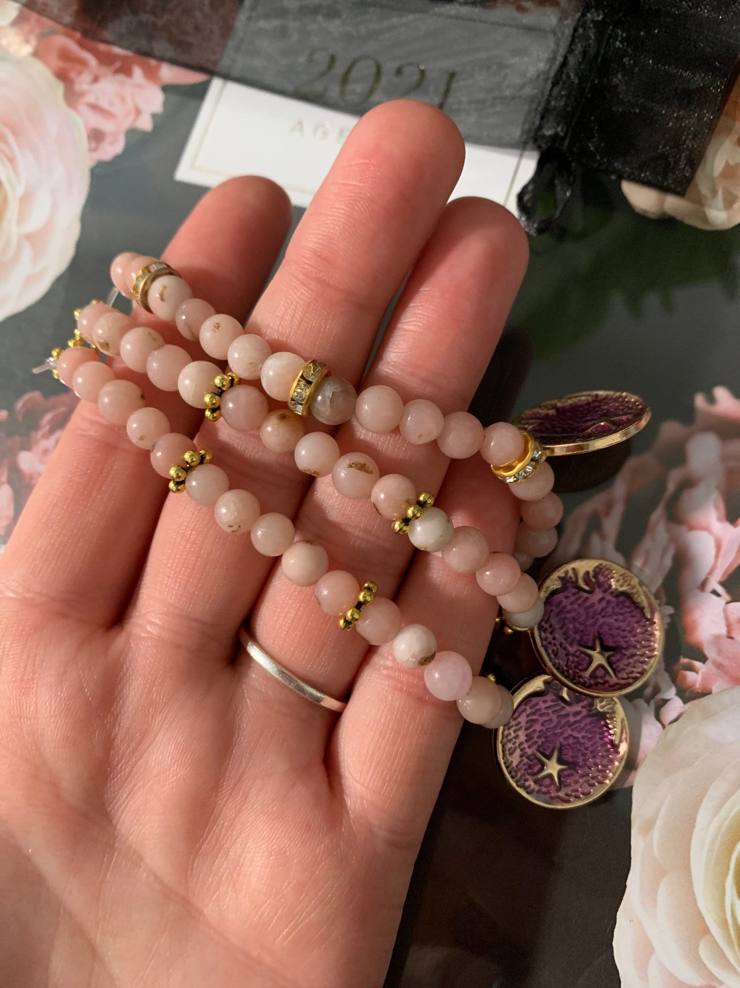 Pink Aventurine Crystal Bead Bracelet with Tibetan Gold Accent