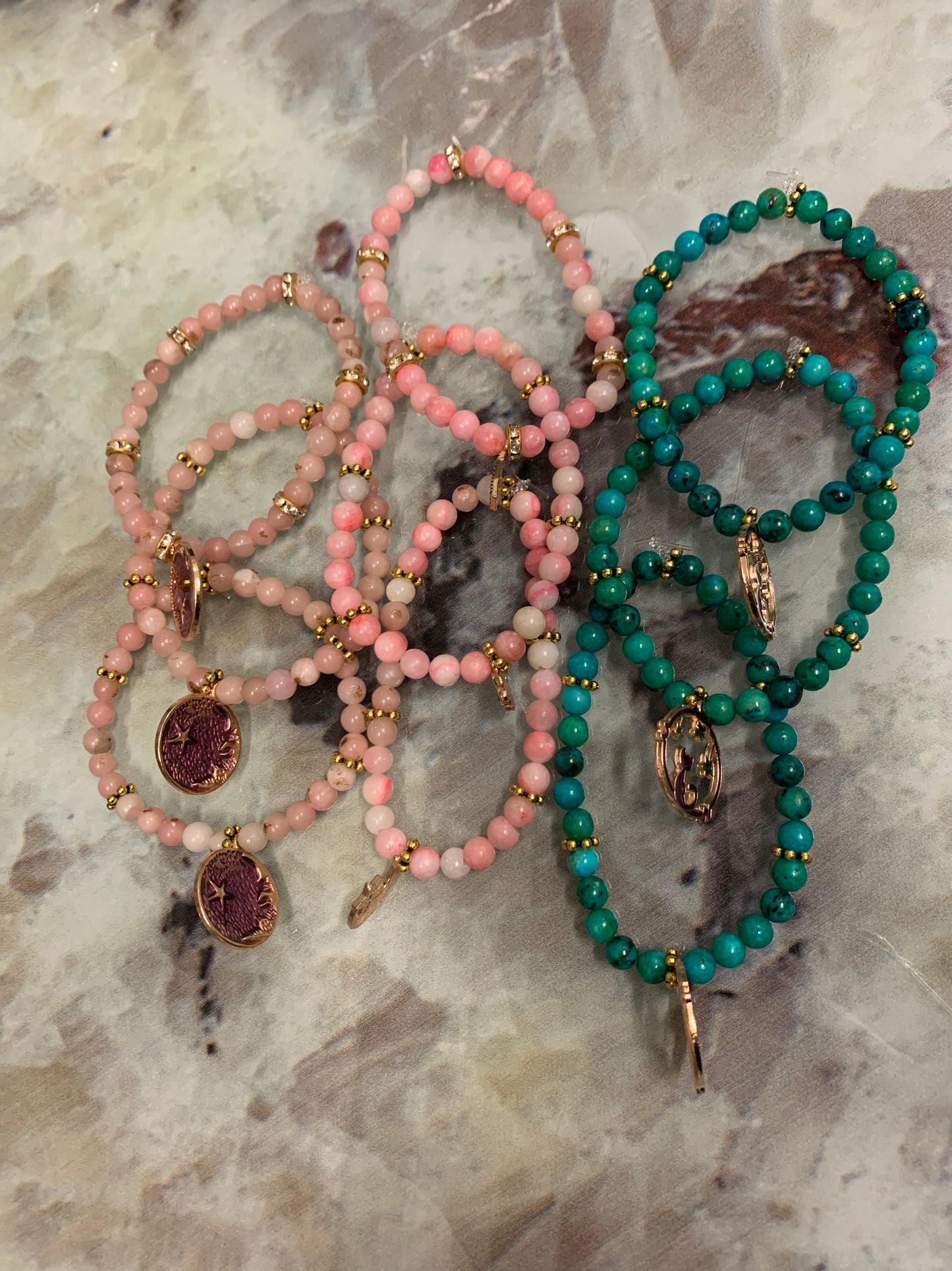 Pink Tourmaline/Quartz Crystal Beads with Tibetan Gold Accent Bracelet